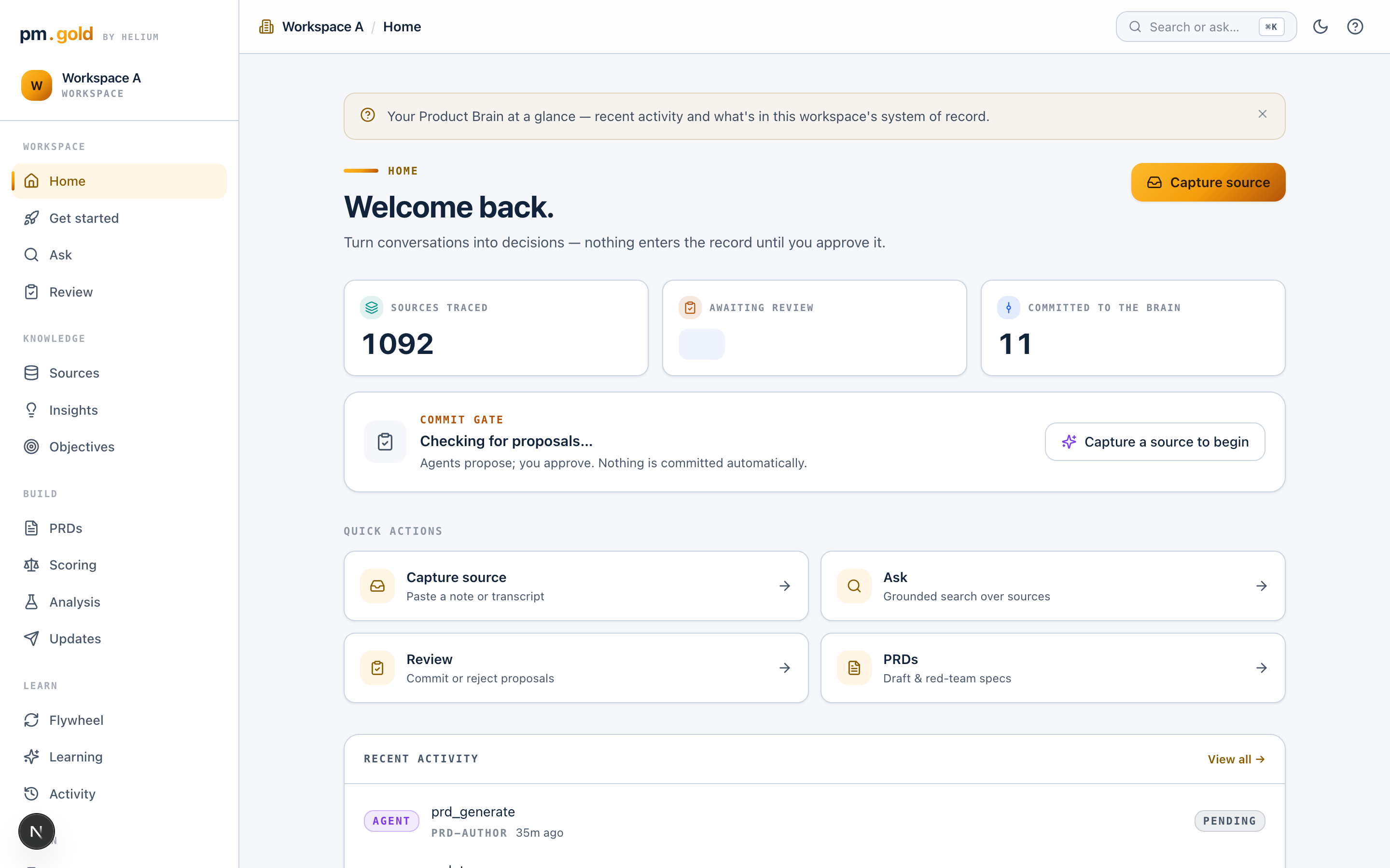 pm.gold workspace showing evidence, product decisions, and human approvals